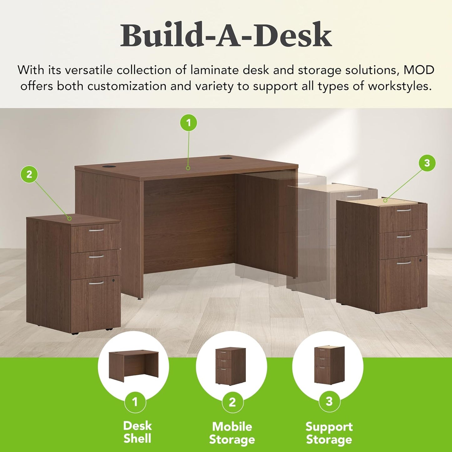 HON MOD Executive Desk 48-Inch Large Computer Desk Shell, Thick Wooden Laminate, Modern Table with Cord Management, 48'W x 30'D x 29'H, Walnut