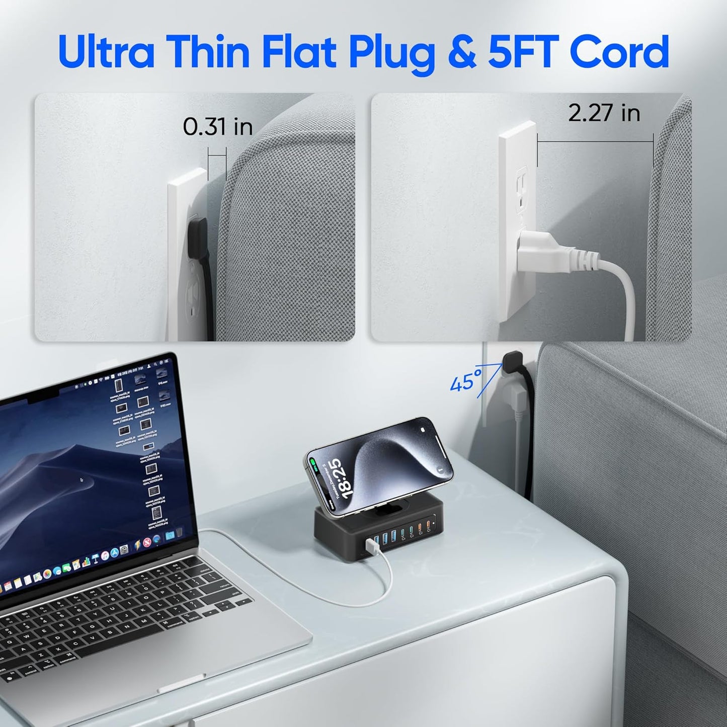 115W USB Charging Station Power Strip, 11-in-1 USB C Charger Block, 2AC Outlets with 8USB Ports(4USB-C), 5FT Flat Plug Extension Cord, Fast Charging Desktop Charger for Home Office Dorm Room, Black