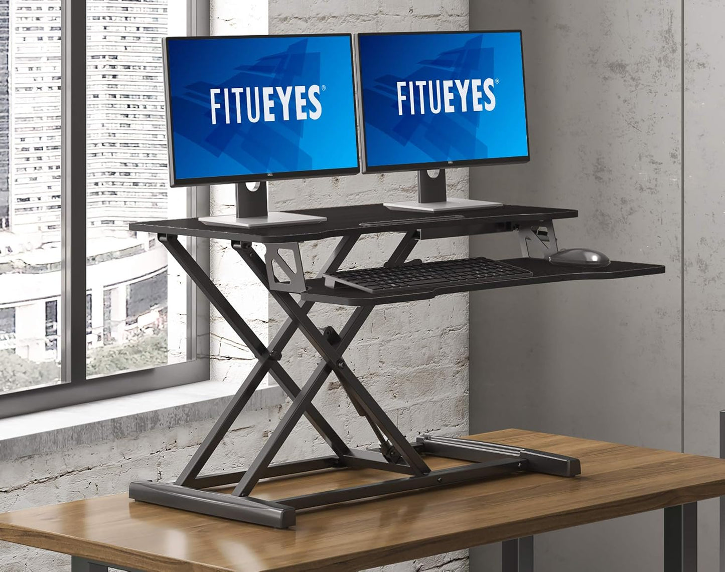 FITUEYES Height Adjustable Standing Desk 32” Wide Sit to Stand Converter Stand Up Desk Tabletop Workstation for Dual Monitor Riser FSD308001WB