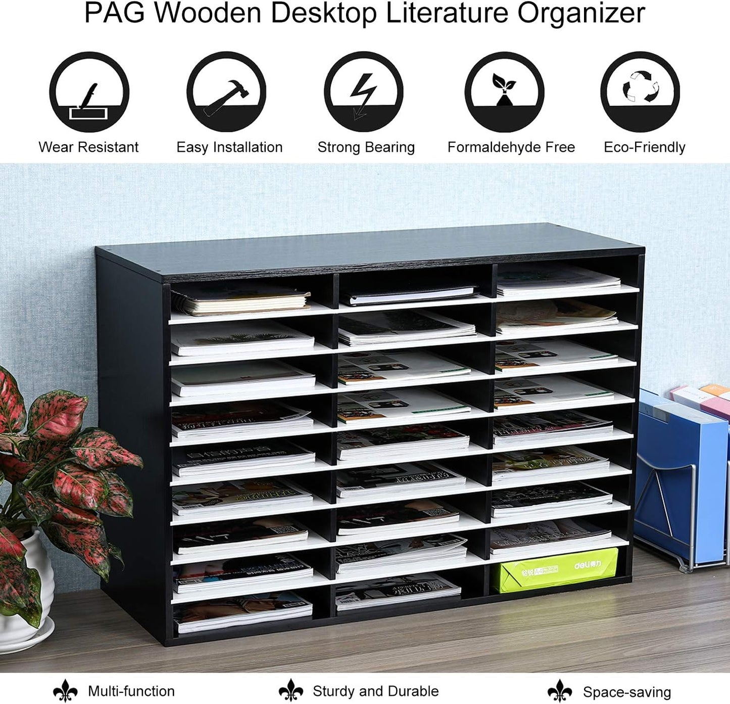 PAG Mail Sorter Organizer, Wood Literature Organizer, Student Mailbox for Classroom, Desktop Bill Paper Organizer for Office Home School, 27 Compartments, Black&White
