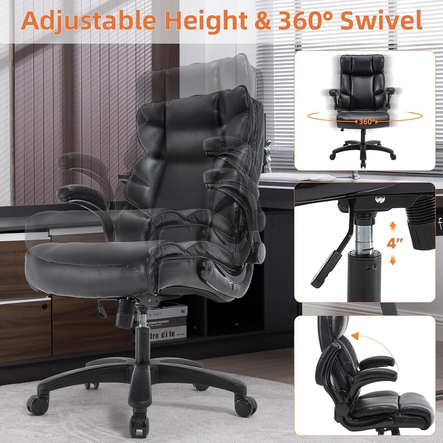 Big and Tall Office Chair 500lbs Wide Seat Executive Office Desk Chair High-Back Office Task Chair with Flip-Up Armrest, Ergonomic Lumbar Support Computer Office Chairs for Heavy People(Black)