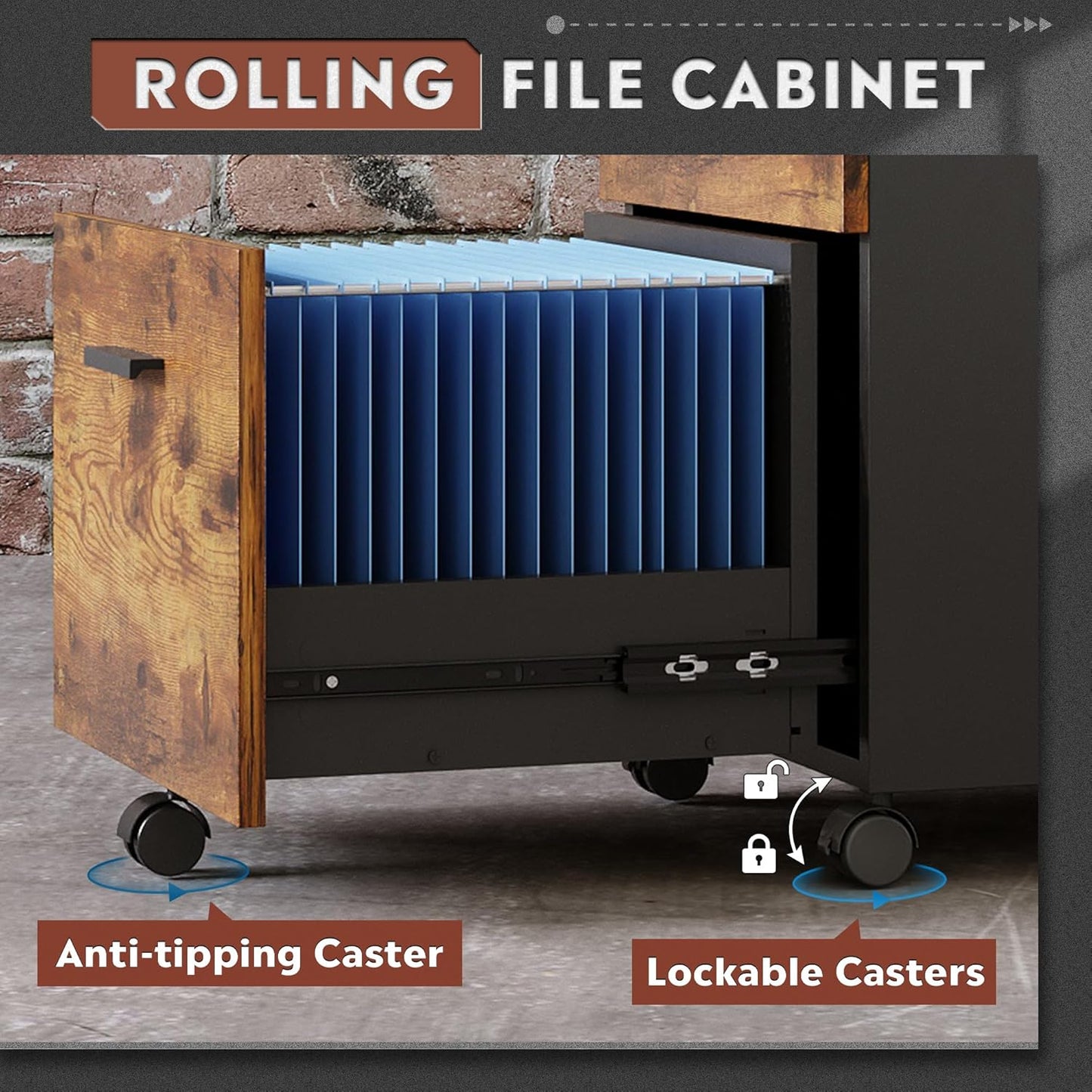 DEVAISE 3 Drawer Wood Mobile File Cabinet, Rolling Filing Cabinet for Letter/A4 Size, Rustic Brown