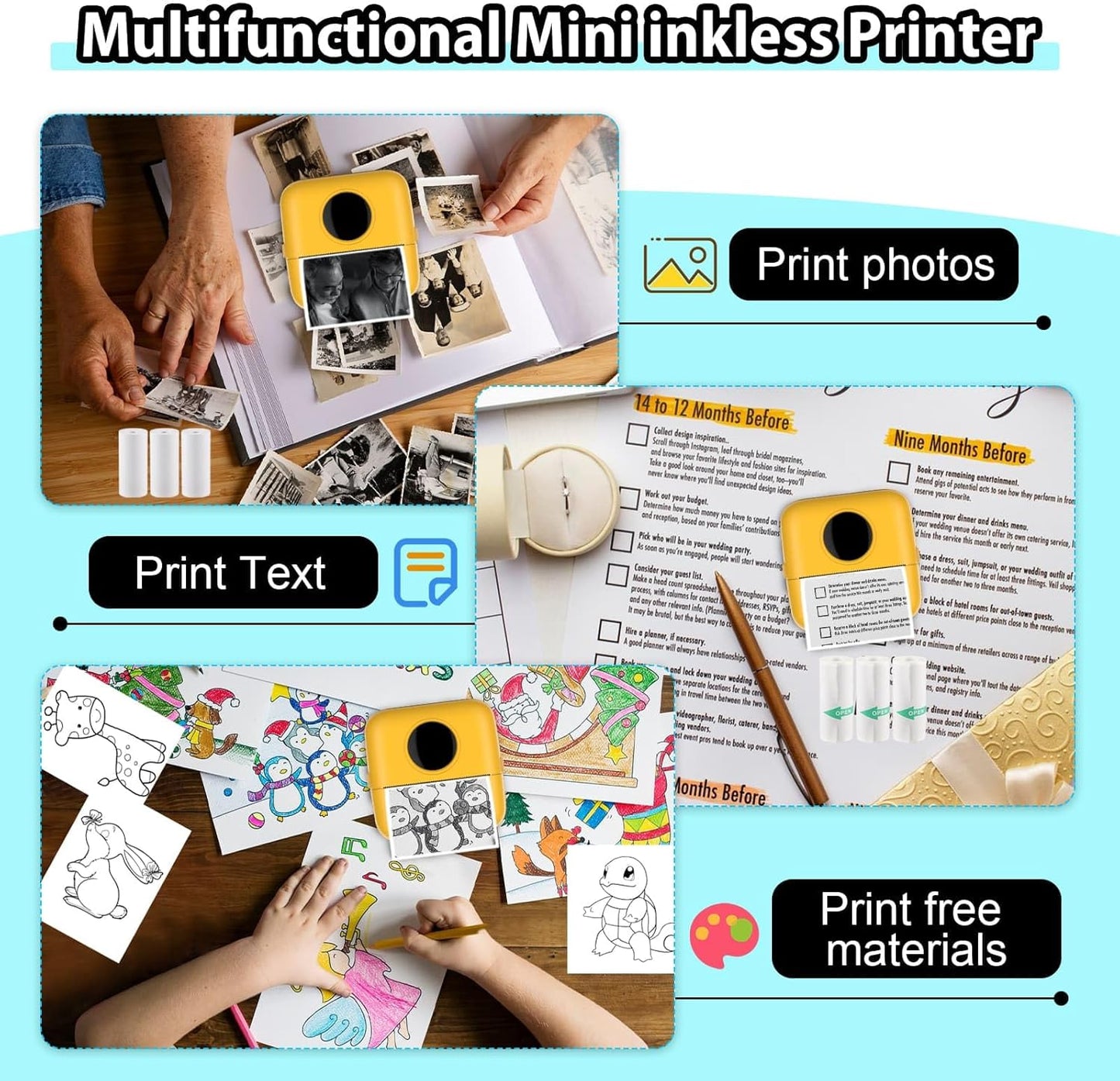 HuiJuKeJi Mini Sticker Printer Bluetooth Smart Pocket Inkless Thermal Printer with 11 Rolls Thermal Paper and Sticker for iOS&Android, Portable Receipt Printer for Photo Note Memo (Yellow)