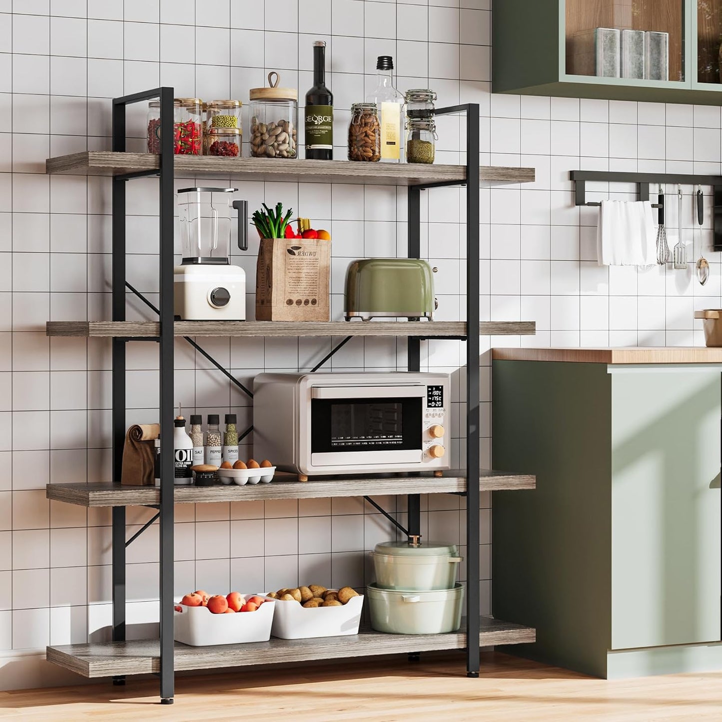 Heavy Duty 4-Tier Industrial Bookcase, 47" Wide Wood Bookshelf for Home Office, 120lbs Shelf Capacity, Rustic Shelving Display with Reinforced Horizontal Shelf for Living Room Bedroom,Grey