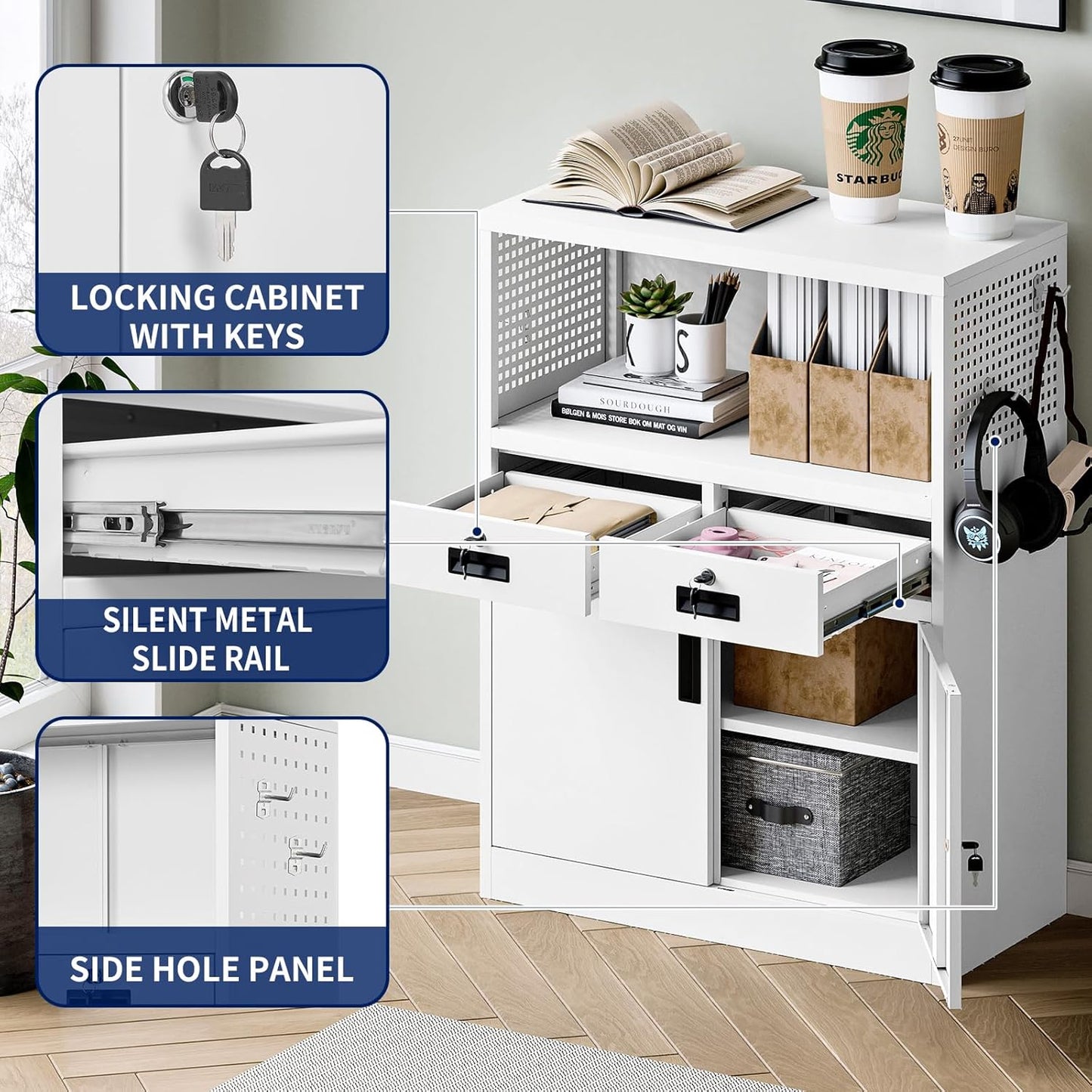 Yizosh Locking Cabinet with 2 Drawers, Metal Storage Cabinet with Locking Doors and Shelves - 41.3" Steel Lockable Storage Cabinet, Metal Cabinet for Home Office, Garage, School (White)