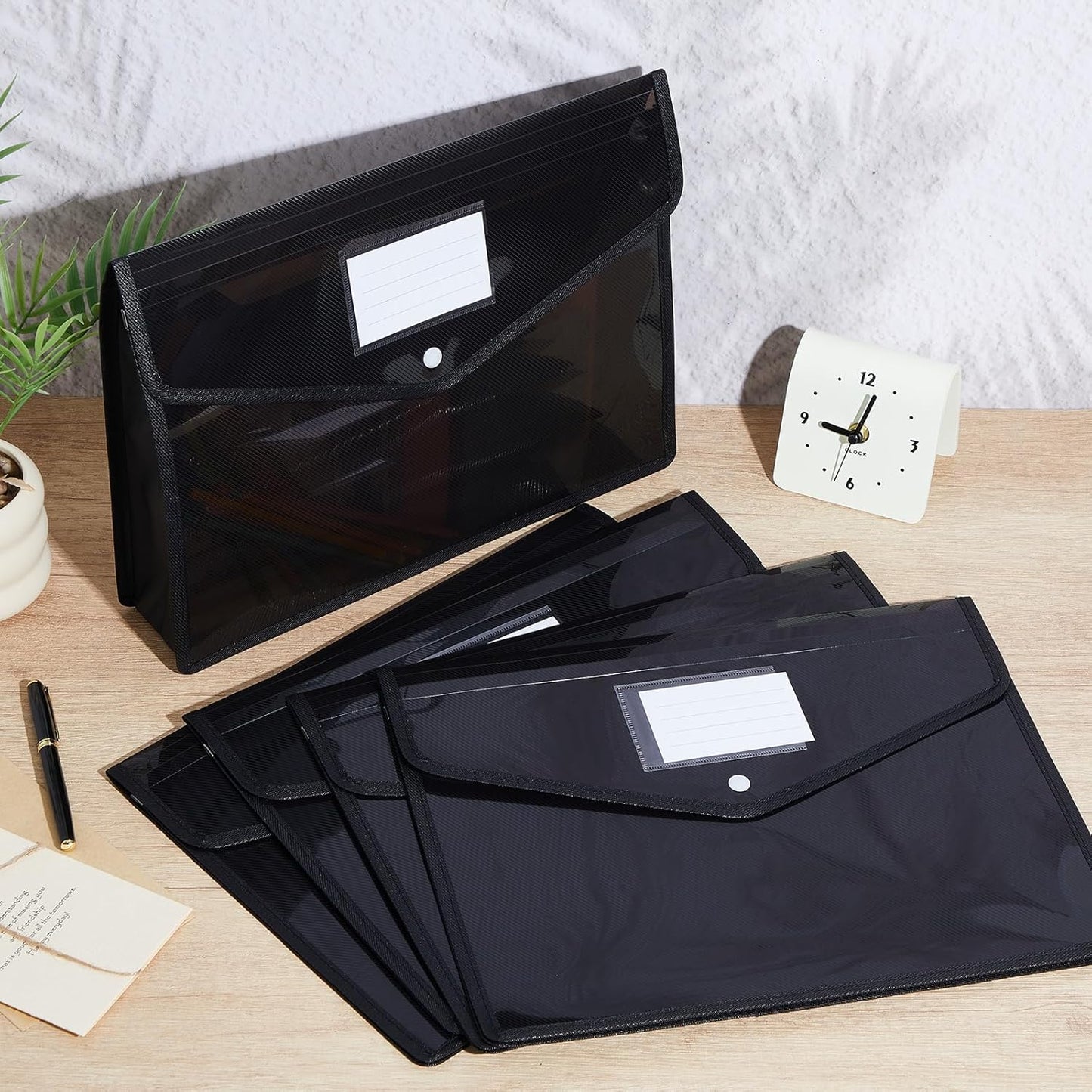 10 Pieces Plastic File Folders Envelope Expanding File Wallet Organizer Documents Folder with Snap Closure and Pocket B4 Waterproof Transparent Pouch for School Office (Black,Horizontal)