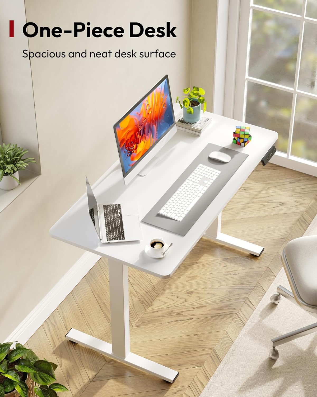 SANODESK Electric Standing Desk 48 x 24 Inches Whole-Piece Desktop Height Adjustable Stand Up Desk w/6-Button Controller Ergonomic Computer Desk for Home Office, White Frame + White Tabletop