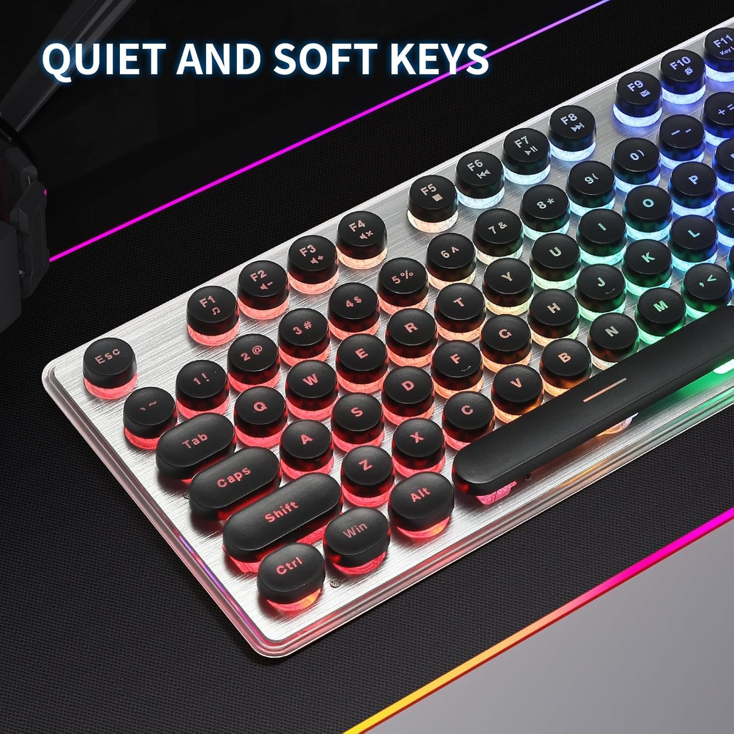 Typewriter Style Keyboard with Metal Panel, Rainbow LED Backlit, Round Keys, Anti-ghosting, Spill Resistant, Light Up USB Wired Retro 104 Keys for Office,Gaming, Black/Silver