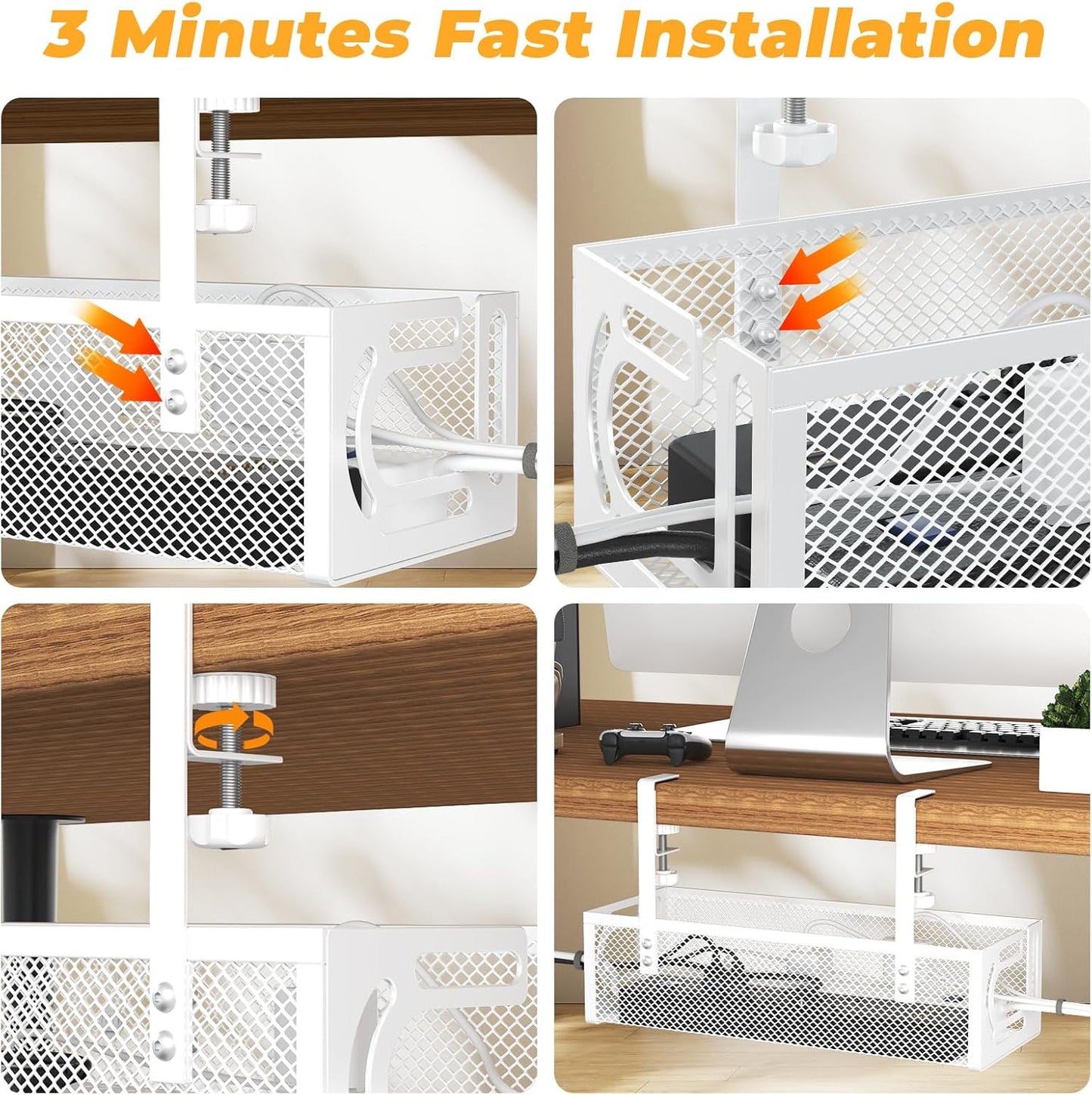 Under Desk Cable Management Tray, 15.7'' No Drill Steel Desk Cable Organizers, Wire Management Tray Cable Management Rack (1 Pack-White)