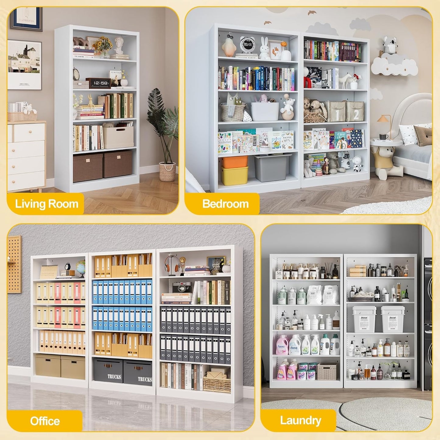 5 Tier Bookshelf, Metal White Book Shelf with Backboard, Adjustable 55" Tall Bookcase, Modern Book Shelves for Living Room, Office, Bedroom, School