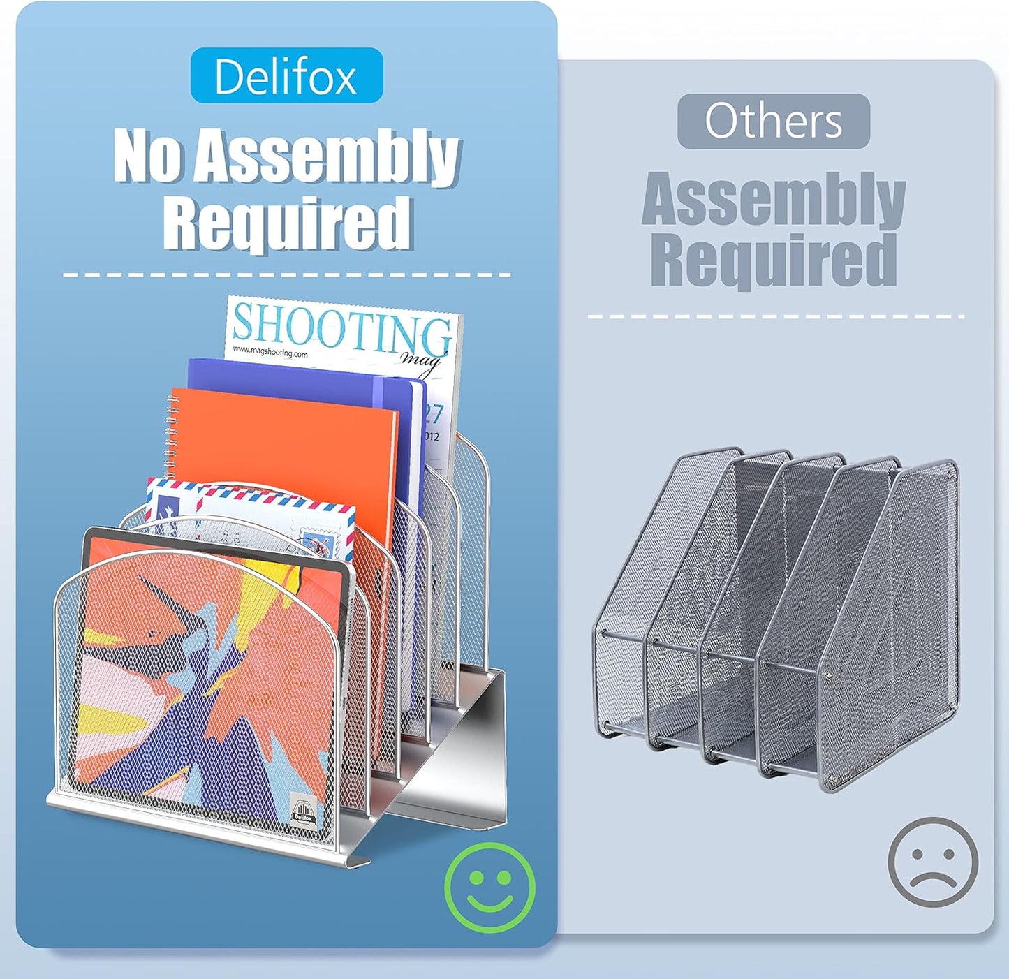 Inclined Desk File Organizer, 5-Section Vertical File Folder Holder Stand Metal Rack File Sorter for Office Classroom Desktop Organization (Silver, 2Pack)