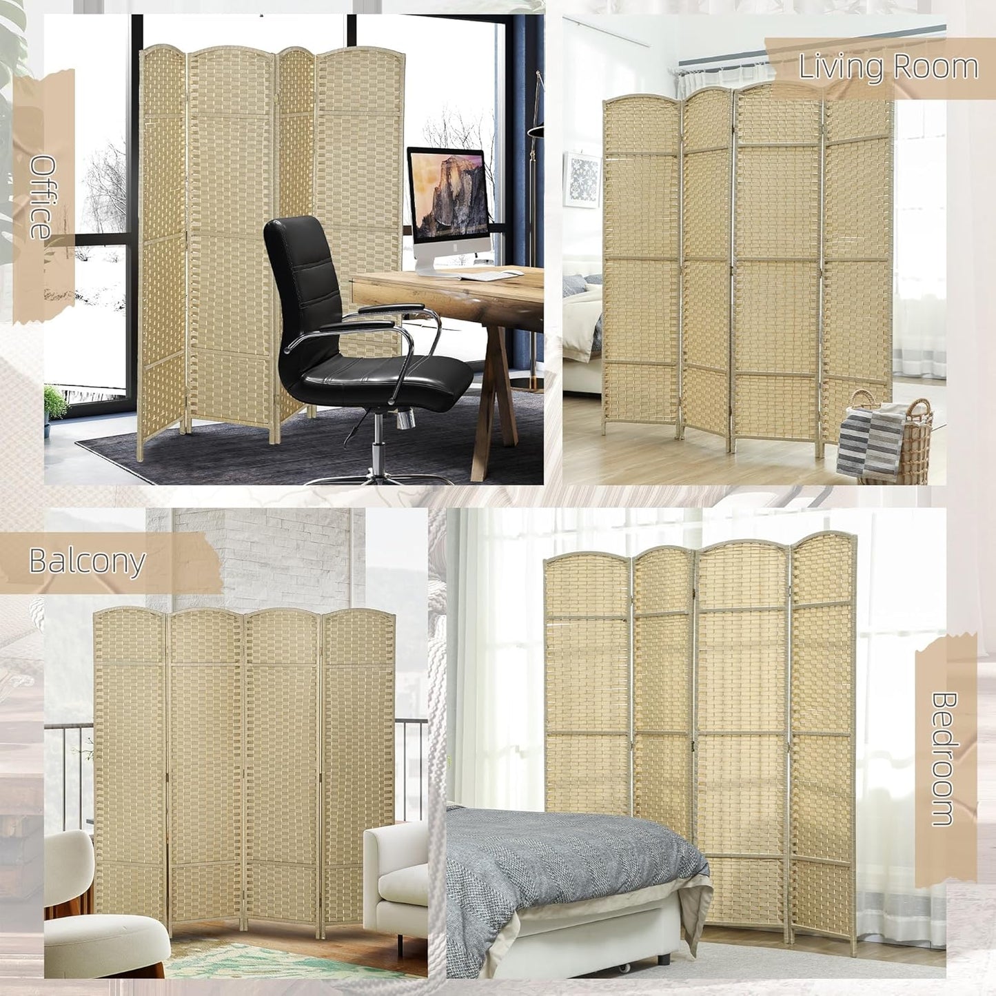HOMCOM Room Divider, 4 Panel Folding Privacy Screen, 5.6' Tall Freestanding Partition for Home Office, Bedroom, Beige