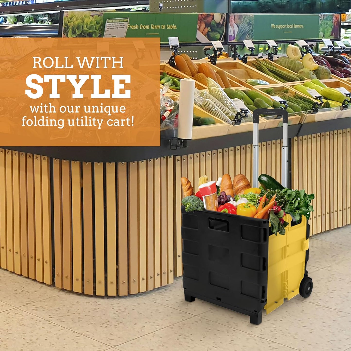 Inspired Living Ultra-Slim Rolling Collapsible Storage Pack-N-Roll Utility-carts, with Telescopic Handle, for Home, Garden, Shopping, Office, School use, Large, Yellow & Black