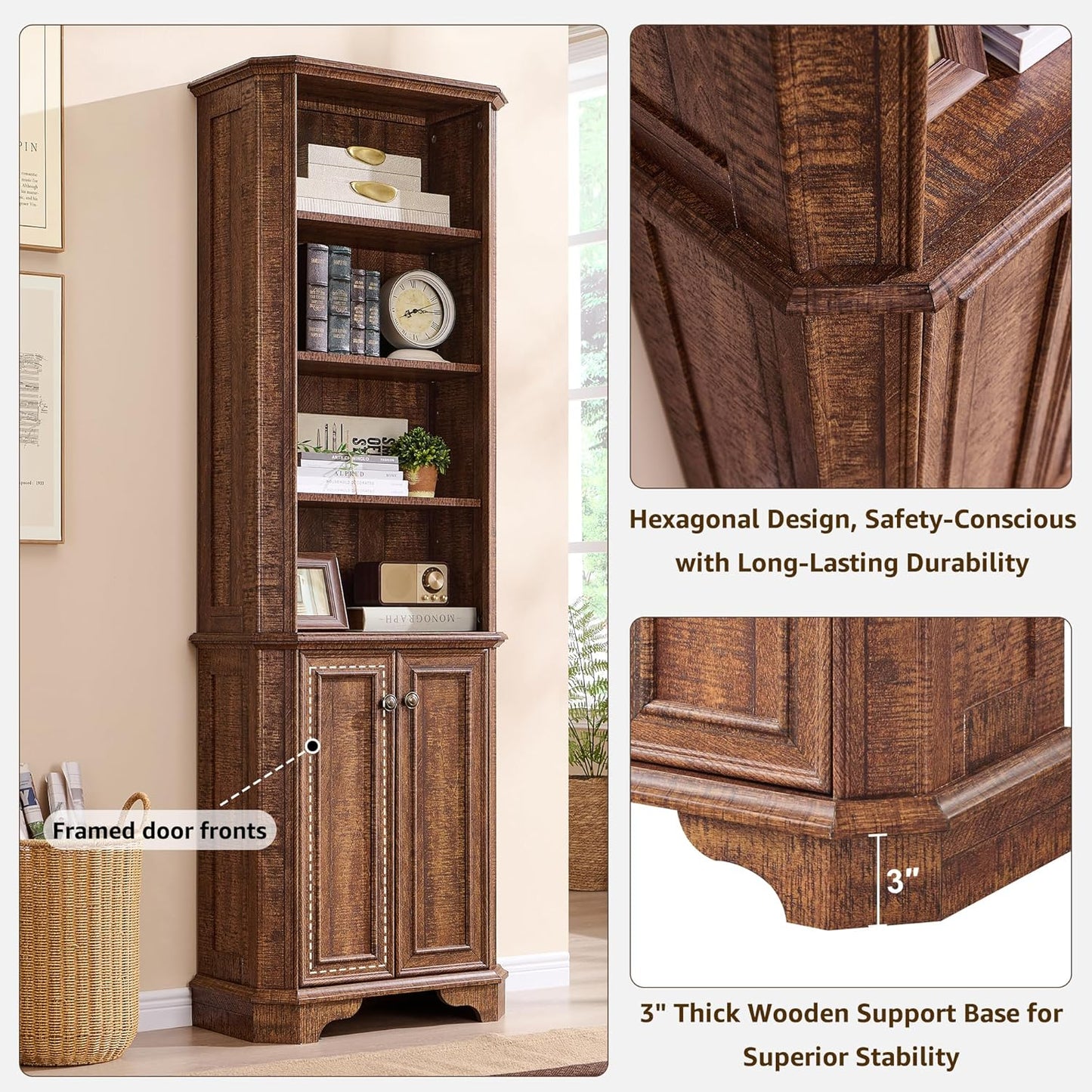 T4TREAM 6-Tier Bookshelf with Storage, 72" Tall Farmhouse Bookcase with Doors and Adjustable Shelves, Wooden Floor Standing Display Book Shelf Organizer for Home Office, Reclaimed Barnwood