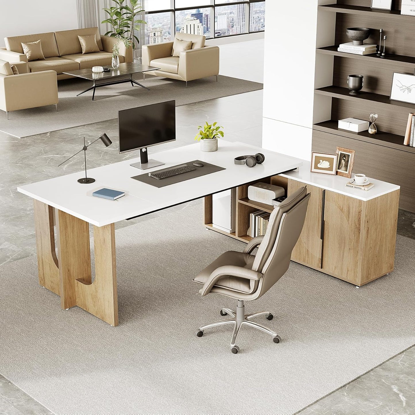 LITTLE TREE 74-Inch Executive L-Shaped Desk with Storage Cabinet & Shelves, Large Home Office Computer Desk, Modern Business Workstation for Professionals (Oak & White)