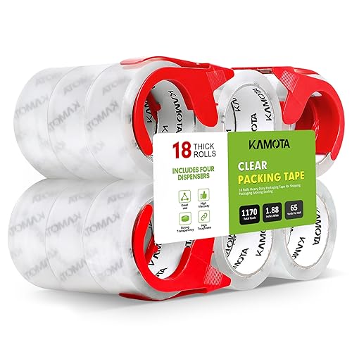 KAMOTA Packing Tape, 18 Rolls Heavy Duty Clear Packaging Tape for Shipping Packaging Moving Sealing, 1.88 inches Wide, 65 Yards Per Roll, Total 1170 Yards with 3 Dispensers