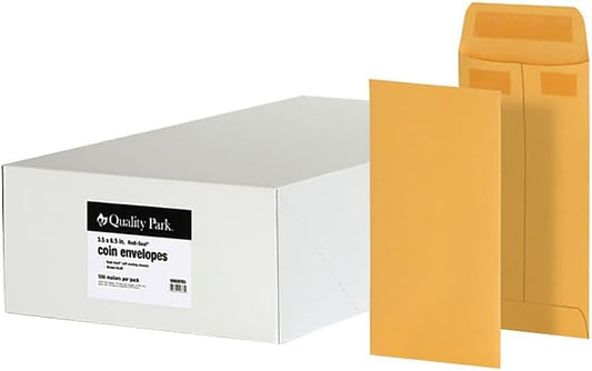 Quality Park #7 Coin and Small Parts Envelopes, Self Seal, for Home, Office, Garden, 24 lb Brown Kraft, 3-1/2 x 6-1/2 Inches, 500/Box (QUA50765)