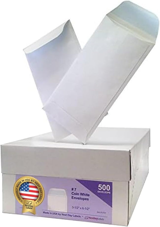NextDay Labels #7 Coin Envelopes - 500-Pack White Gummed Money Envelopes for Cash, Coins, Jewelry, or Small Parts - Durable White Paper Cash for Home, Office, or Business Use - Made in USA