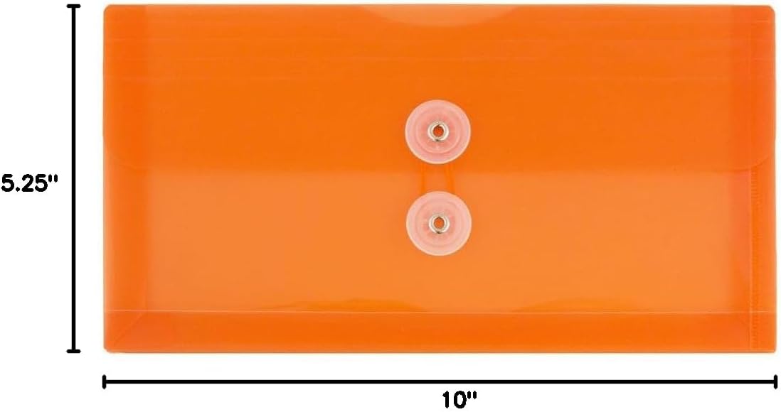JAM PAPER Plastic Envelopes with Button & String Tie Closure - #10 Business Booklet - 5 1/4 x 10 - Orange - 12/Pack