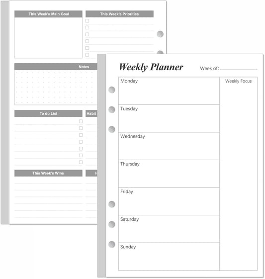 Weekly Planner Refills for A5 Binders - 53 Sheets/106 Pages Undated Weekly Planner, 6-Hole Punched, 100 gsm White Paper, Lasts 1 Year, Undated, 5.8" x 8.3", Black