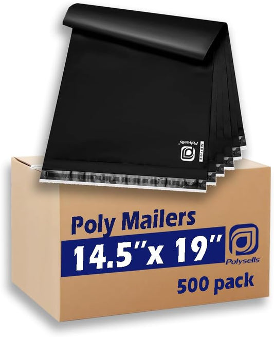 POLYSELLS 500 pcs 14.5x19 Inches Black Poly Mailers Shipping Envelopes, Strong Adhesive Sealing, Waterproof, and Tear-resistant Postal Mailing Bags for Clothing, Books, and Accessories