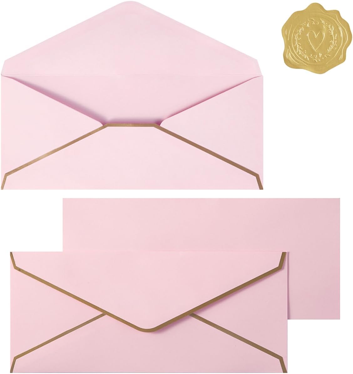 30 Pack Thick #10 Business Envelopes with Gold Border, 4 1/8 x 9 1/2 Thick Paper Standard Envelopes with Stickers for Office, Checks, Letter Mailing, Invoices (Light Pink)