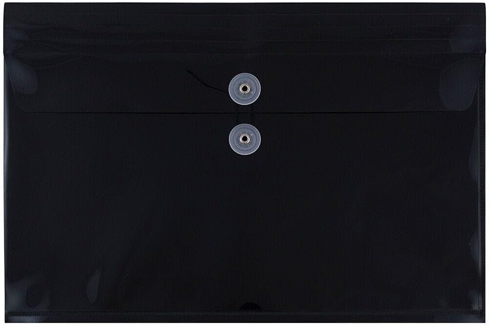 JAM PAPER Plastic Envelopes with Button & String Tie Closure - Legal Booklet - 9 3/4 x 14 1/2 - Black - 3/Pack