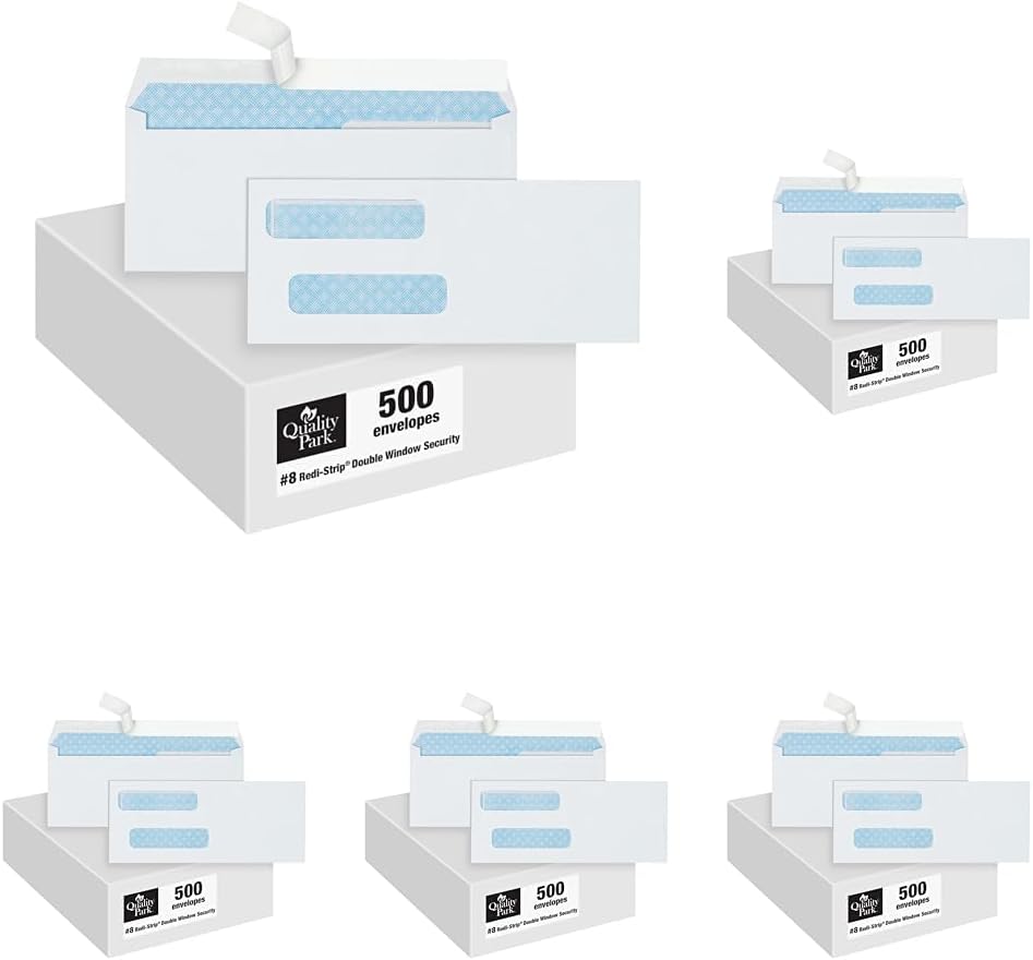 Quality Park #8 Double Window Envelopes, Self Seal Security Envelopes for QuickBooks Checks, 3 5/8" x 8 11/16", 24 lb White, 500 per Box (QUA50766) (Pack of 5)