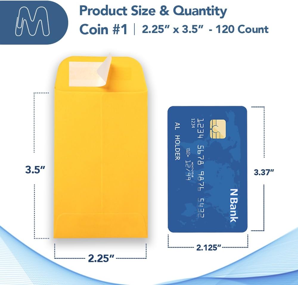 MOS #1 Gold Coin Envelopes 2.25 x 3.5 Inch 120 Pack — Self-Seal Yellow Small Envelopes for Coins, Seeds, Small Parts, Collectibles, Jewelry, Craft Storage