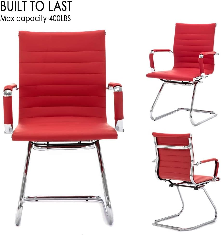 Office Desk Chair Set of 4,No Wheels PU Leather Computer Chairs Mid Back Guest Chairs with Seld Base for School/Reception/Conference/Waiting Room, Burgundy Red