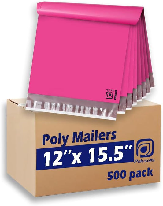 POLYSELLS 500 pcs 12x15.5 Inches Pink Poly Mailers Shipping Envelopes, Strong Adhesive Sealing, Waterproof, and Tear-resistant Postal Mailing Bags for Clothing, Books, and Accessories