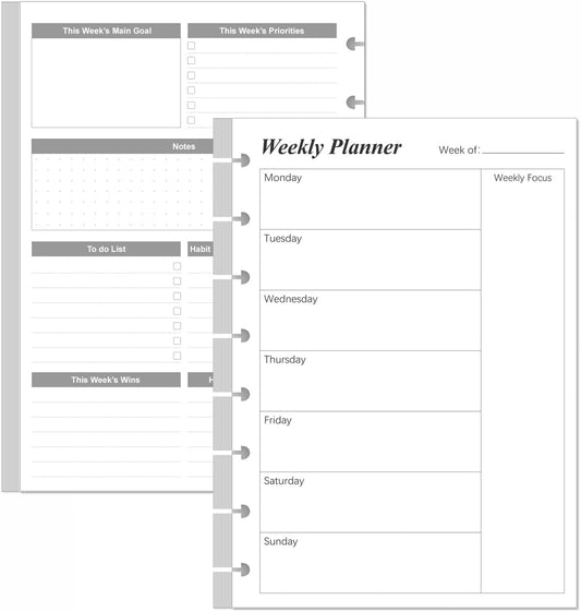 Weekly Planner Undated Refills - Junior Size 53 Sheets/106 Pages Weekly Planner for 8-Disc Discbound, 100 gsm White Paper, Lasts 1 Year, Undated, 5.8" x 8.3", Black