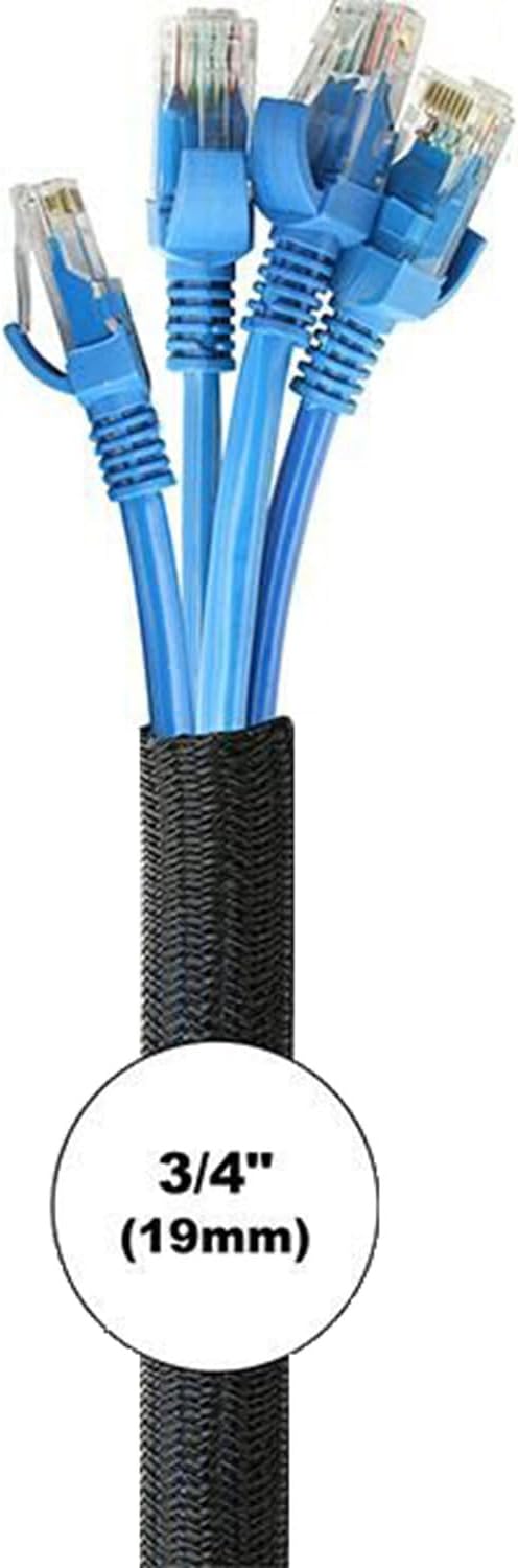 2pcs 5ft-3/4inch Black/White Cable Sleeve - Protects Cords from Pets & Organizes Wires - Modern Style - Polyester Material - Flame Retardant - Easy to Use & Cut (Black, 5ft-3/4inch)