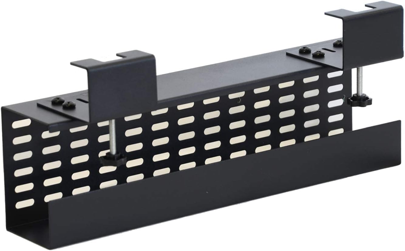 AEONS Under Desk Cable Management Tray Black Horizontal 16-inch Under Desk Removable C Clamp Mount Computer Cord Raceway and Modesty Panel