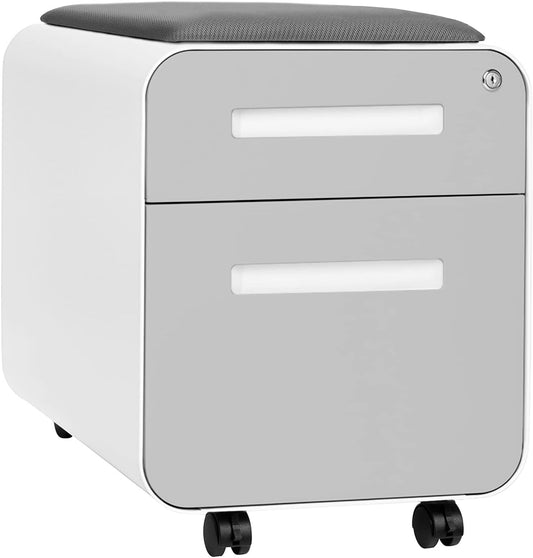 Laura Davidson Furniture STOCKPILE Mini Seated 2 Drawer Mobile File Cabinet with Removable Magnetic Cushion Seat - Short Version, Metal Filing Cabinet, Pre-Assembled, Light Grey Face with Grey Cushion
