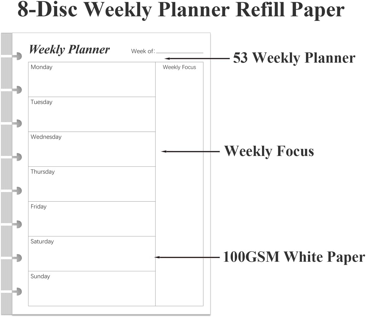 Weekly Planner Undated Refills - Junior Size 53 Sheets/106 Pages Weekly Planner for 8-Disc Discbound, 100 gsm White Paper, Lasts 1 Year, Undated, 5.8" x 8.3", Black