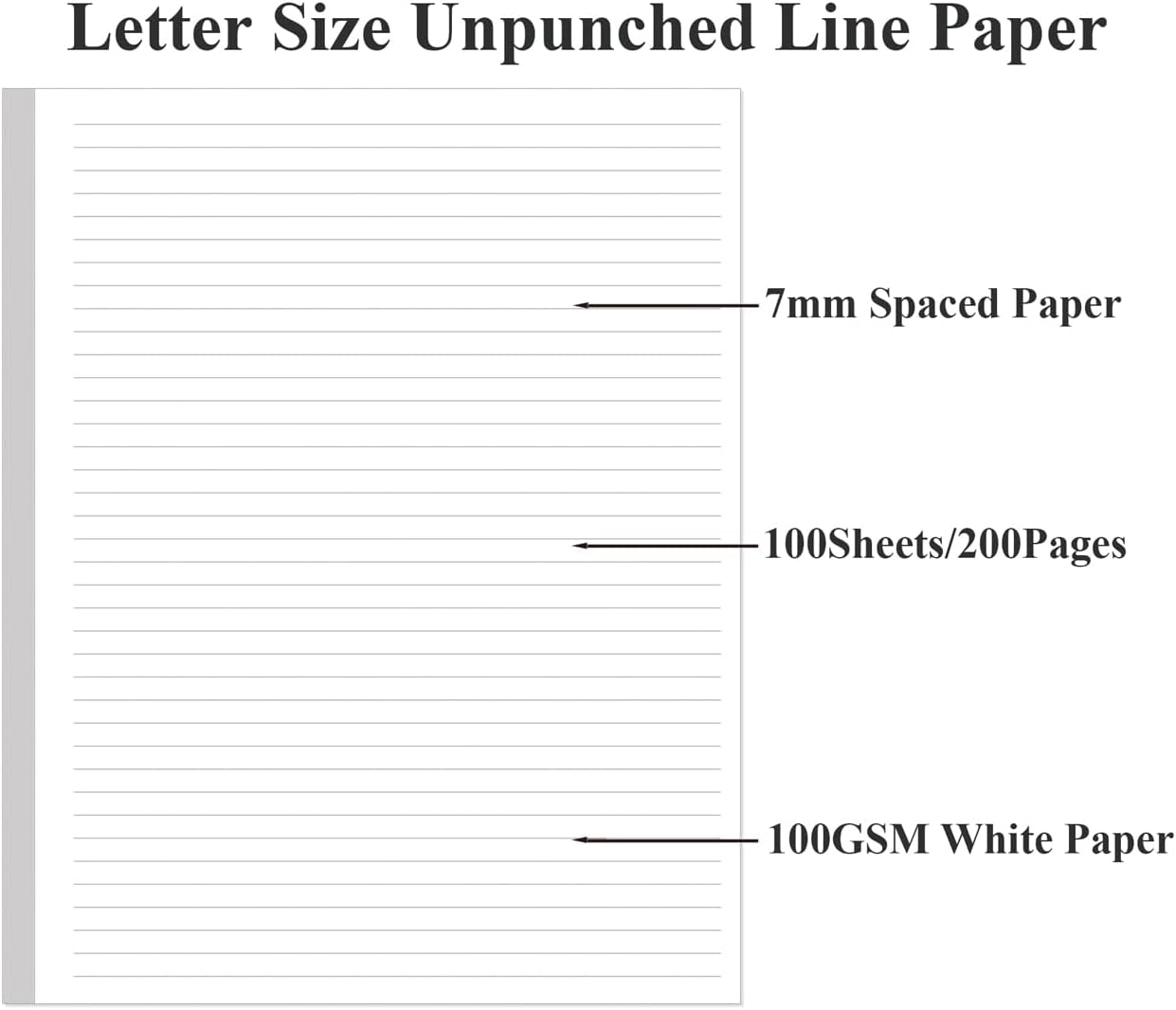 Unpunched Line Paper - 100 Sheets/200 Pages Loose Leaf Paper Line Refills, Letter Size, 100gsm, White, 8.5" x 11"