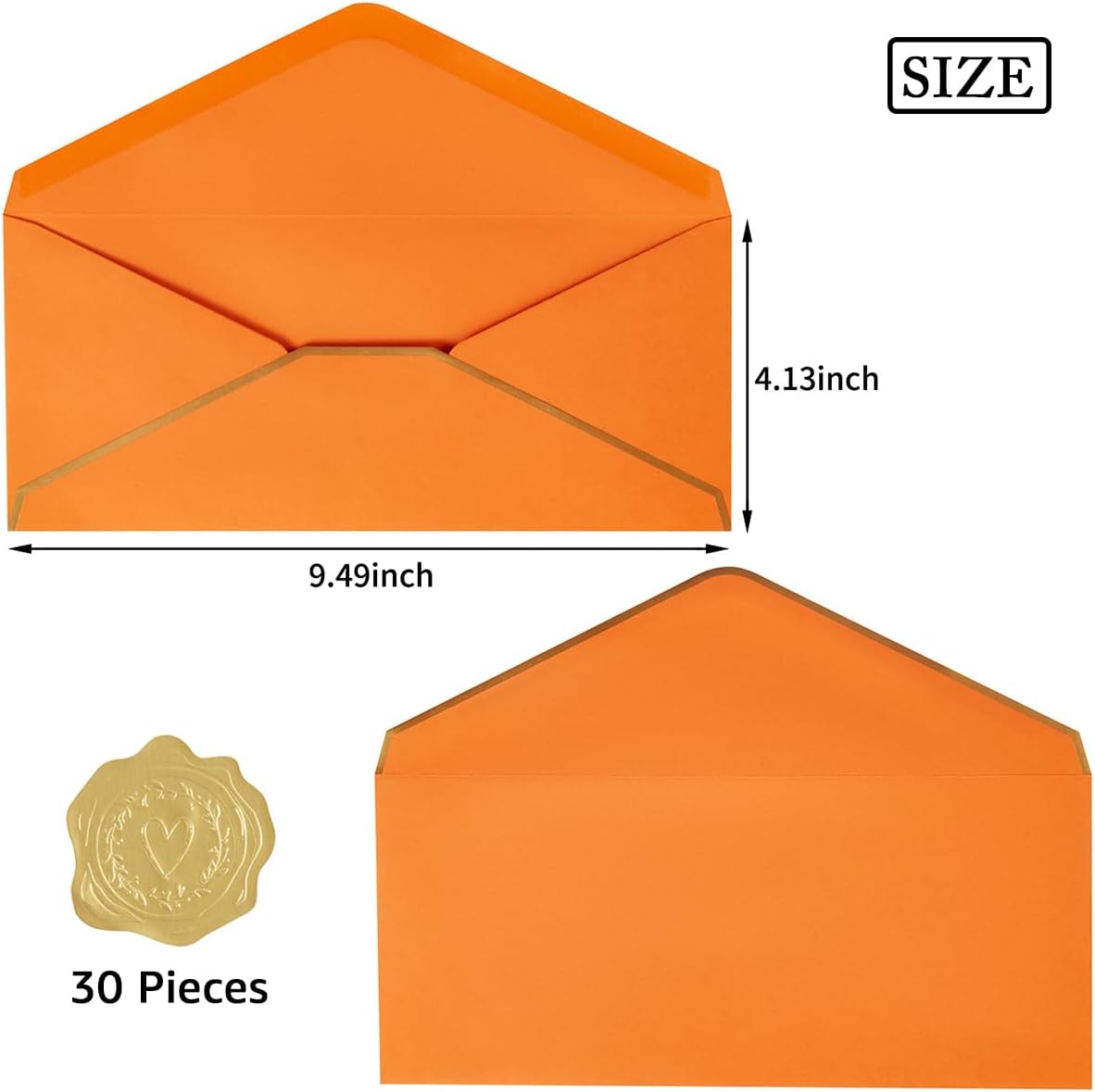 30 Pack Thick #10 Business Envelopes with Gold Border, 4 1/8 x 9 1/2 Thick Paper Standard Envelopes with Stickers for Office, Checks, Letter Mailing, Invoices (Dark Orange)