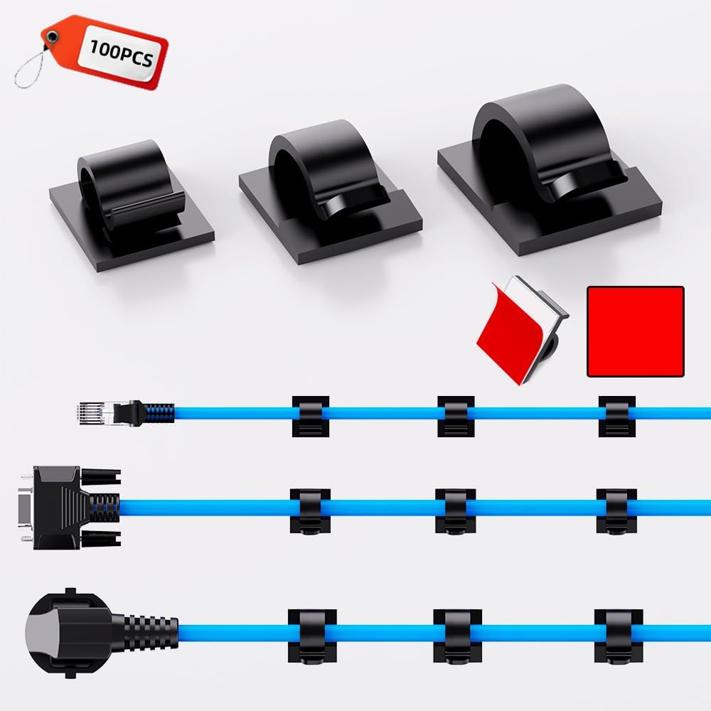 100 PCS Adhesive Cable Clips Cord Organizer (Small, Medium,Large),Wire Holder for Cable Management, Outdoor Light Clips Light Hooks for LED String,Car Dash Cam, Extension Cord (Black)