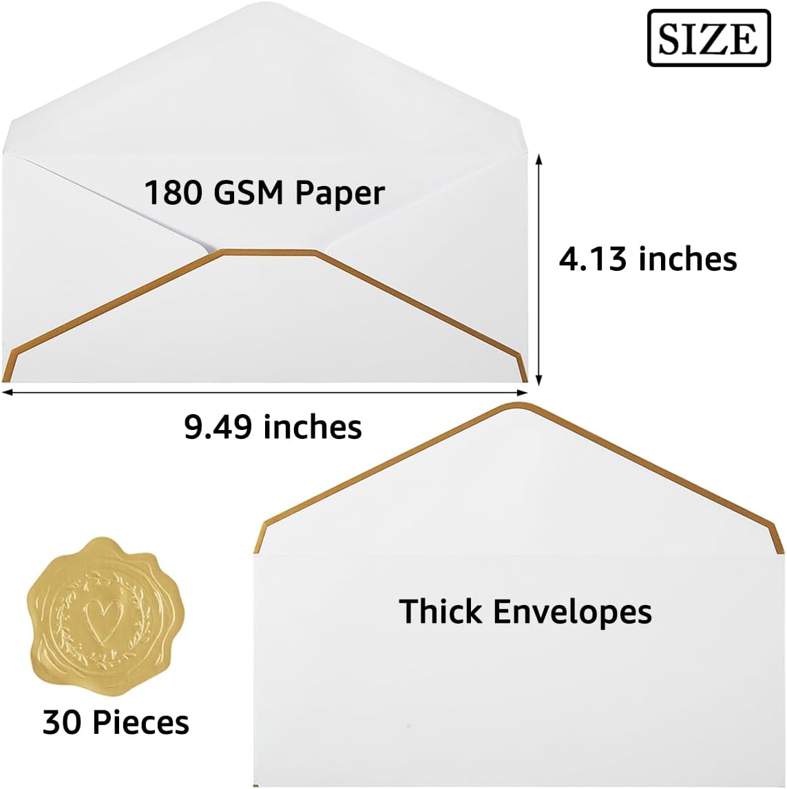 30 Pack Thick #10 Business Envelopes with Gold Border, 4 1/8 x 9 1/2 Thick Paper Standard Envelopes with Stickers for Office, Checks, Letter Mailing, Invoices (White)