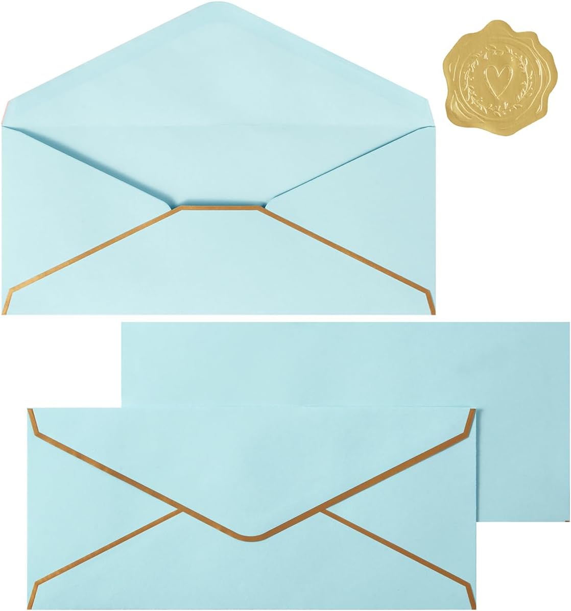 30 Pack Thick #10 Business Envelopes with Gold Border, 4 1/8 x 9 1/2 Thick Paper Standard Envelopes with Stickers for Office, Checks, Letter Mailing, Invoices (Light Blue)