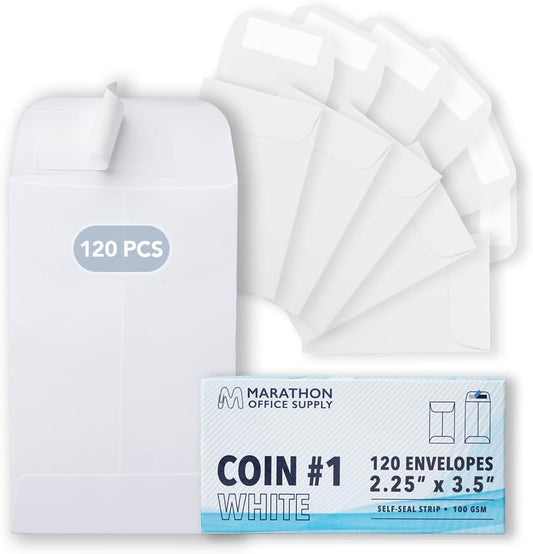 MOS #1 White Coin Envelopes 2.25 x 3.5 Inch 120 Pack — Self-Seal Small Envelopes for Coins, Seeds, Small Parts, Collectibles, Jewelry, Craft Storage