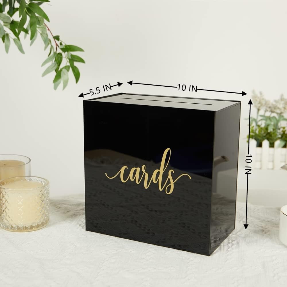 10” Acrylic Card Box - Wedding Card Box for Reception, Birthday, Party, Money Box, Wishing Well, Graduation Party, Elegant Large Clear Card Box-ACB001-Black