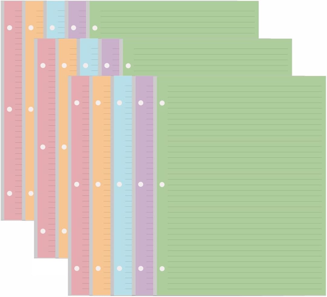 (3-Pack) Colorful 3 Hole Lined Paper - 300 Sheets/600 Pages Loose Leaf Paper Line Refills, Per Color 60 Sheets, 8.5" x 11"