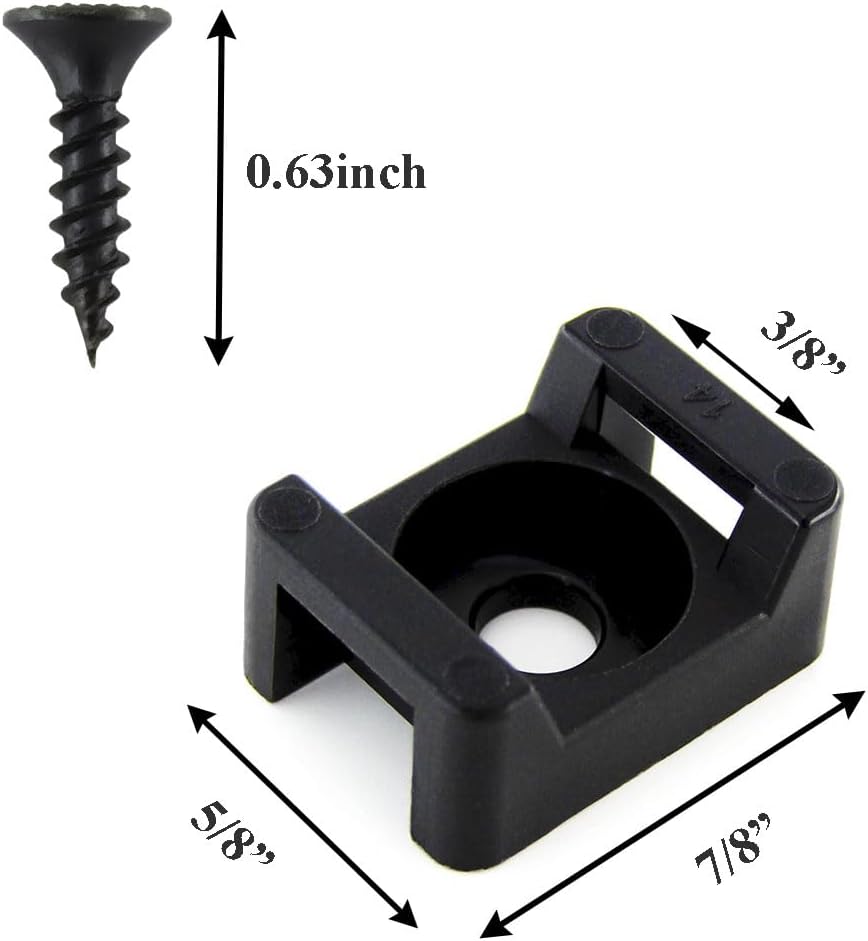 HS Saddle Type Cable Zip Tie Mounts Base Kit with Screw Hole,Set Strong 6 Inch Nylon Cable Ties and Screws Each 100 PCS,Wire Clips Anchor Management Fastener for Baseborad,Wall or Desk,Black