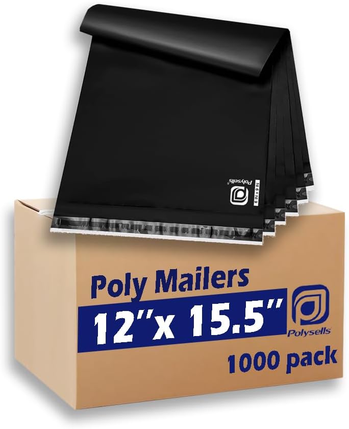 POLYSELLS 1000 pcs 12x15.5 Inches Black Poly Mailers Shipping Envelopes, Strong Adhesive Sealing, Waterproof, and Tear-resistant Postal Mailing Bags for Clothing, Books, and Accessories