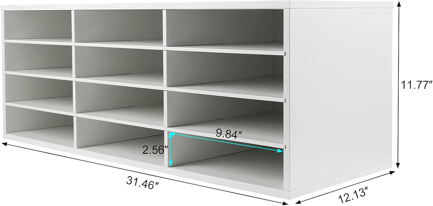 PAG Mail Sorter, Wood Countertop Literature Organizer, Student Mailbox for Classroom, Desktop Bill Paper Organizer for Office Home School, 12 Compartments, White