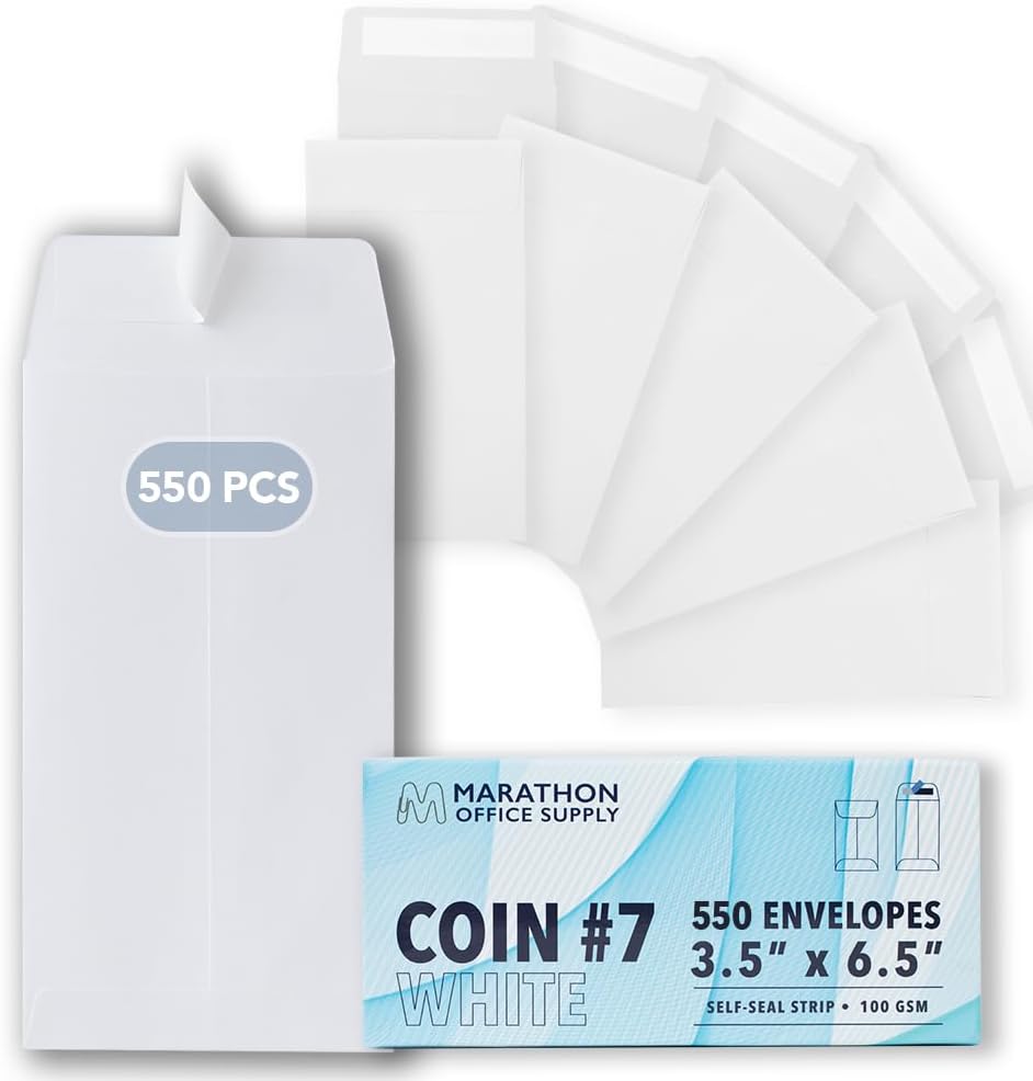 MOS #7 White Coin Envelopes 3.5 x 6.5 Inch 550 Pack — Self-Seal Cash Envelopes for Budgeting, Money Savings Challenge, Seed Storage, Small Parts