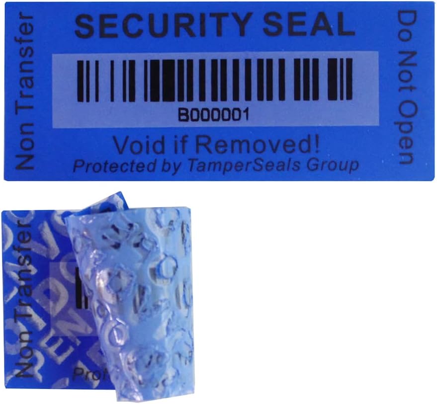 100pcs 25x60mm Blue Non-Transfer Tamper Evident Security Void Stickers/Labels/Seals with A Barcode for Reusable Package or Expensive Surface
