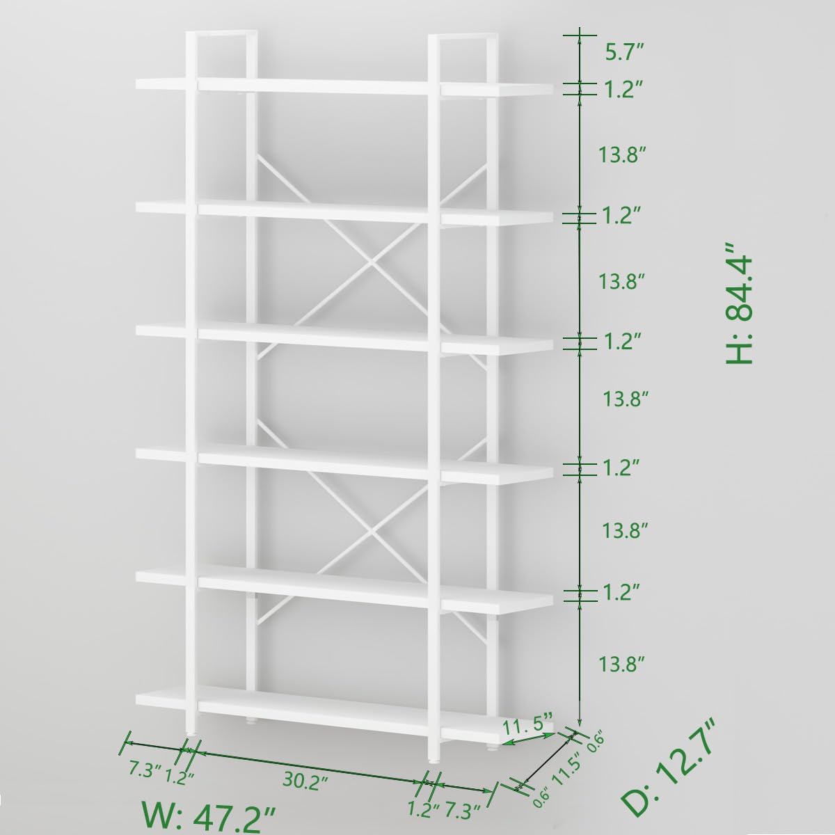 HSH 6 Tier Tall White Bookshelf, Industrial Modern Vertical Metal and Wood White Bookcases 6 Shelf,Farmhouse Open Large Storage Book Shelves & Display Book Shelf for Bedroom Living Room Office